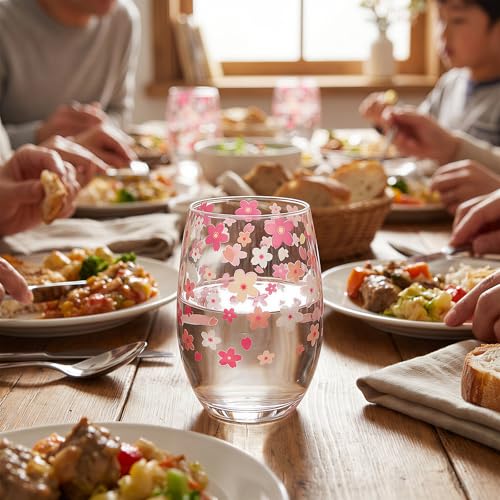 Hand Blown Etched Stemless Wine Glasses 19oz, Set of 4, Everyday Drinking Glasses, Large capacity, Unique Gifts for Him Her for Birthday, Wedding, Anniversary (Clear With Cherry Blossoms) - color: Clear With Cherry Blossoms