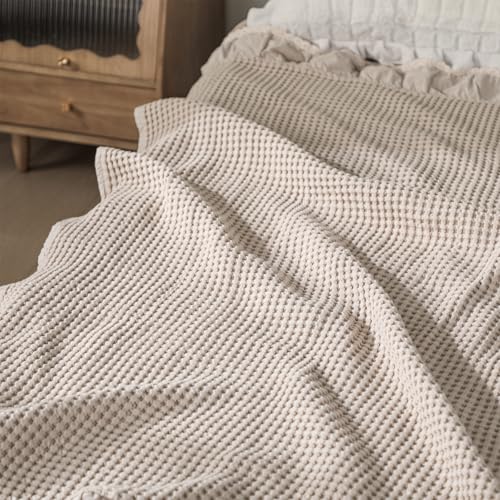 Tegeme Waffle Weave Blanket 43" x 63" 100% Cotton Neutral Boho Farmhouse Woven Knitted Beige Throw with Ruffles Warm Soft Cozy Throw Blanket Decorative Breathable for Couch Bed Sofa