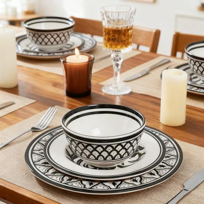 Melamine Dinnerware Sets-12pcs Melamine Plates and Bowls Set, Round | Unbreakable, Dishwasher Safe, Indoor Outdoor Use, Ideals for Parties, Camping Dish Set, Black and White Pattern - color: Black White