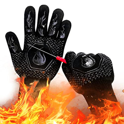 BBQ Gloves 1472F Heat Resistant Non-Slip Silicone 13.5in (Black) | Grill Cut-Resistant, Oven Kitchen Safe for Barbecue, Cooking, Frying - color: Black