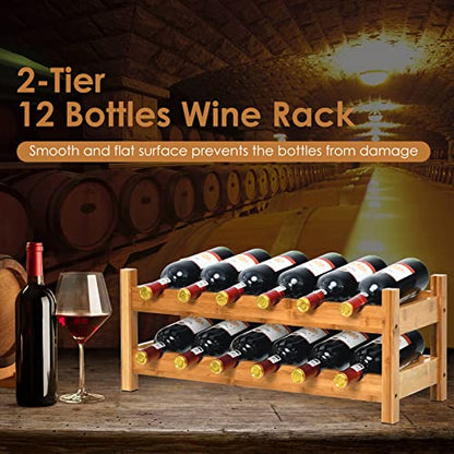 COSTWAY 12 Bottles Wine Rack, 2-Tier BambooWine Display Rack Nature | Freestanding, Rack Tabletop Wine Rack for Countertop Home Kitchen Pantry, Bar, Pantry, Cellar (24.5L x 9.5W x 10H) - color: Natural, size: 24” x 9.5” x 10” (L x W x H)