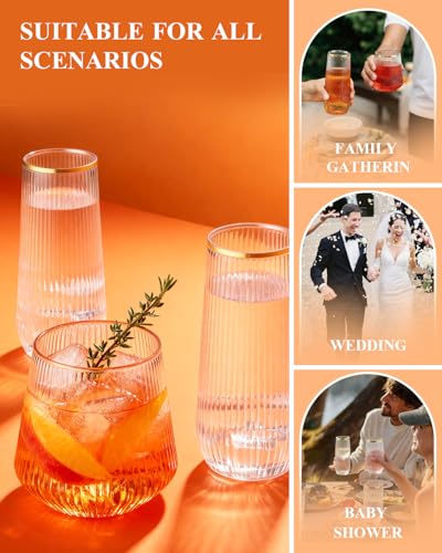 BESTSTAR 48Pack Gold Rim Disposable Ribbed Origami Ripple Plastic Glasses | 24 9 OZ Stemless Champagne Flutes & 24 12OZ Cups, BPA-Free Shatterproof Clear Drinkware for Weddings, Parties & Events - color: Clear Gold Rim Ribbed