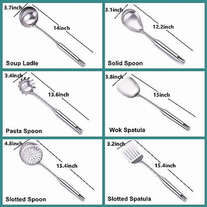 Cooking Utensils Set Stainless Steel Kitchen Metal Serving Utensils Set of 6 Pcs-Wok Spatula Ladle Set, Slotted Skimmer, Pasta Server, Serving Spoon, Slotted Spatula Tunner,Dishwasher Safe