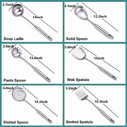 Cooking Utensils Set Stainless Steel Kitchen Metal Serving Utensils Set of 6 Pcs-Wok Spatula Ladle Set, Slotted Skimmer, Pasta Server, Serving Spoon, Slotted Spatula Tunner,Dishwasher Safe - size: 6 Piece utensils(ladle spoon and spatula set)