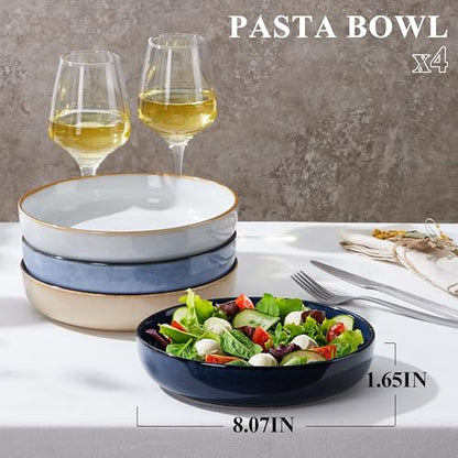 E-far 35oz Stoneware Pasta Bowls Set of 4, Double Reactive Glaze | Wide & Shallow Ceramic Pasta Plates for Serving Salad Soup Dinner, Dishwasher & Microwave Safe, Multicolor - color: Multicolor