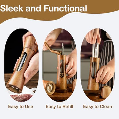 2 Pack Wooden Salt and Pepper Grinder Set — 8 Inch Refillable Salt and Pepper Shakers — Manual Spice Mills with Clear View Window — Ceramic Grinder, Adjustable Coarseness
