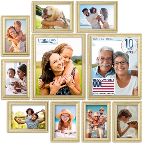 Collage Picture Frames Set, Gold, 10 Pack, Five 4x6, Three 5x7, Two 8x10 | Icona Bay - Assorted Multi-Size Photo Frames - Contemporary Wall Decor - Scalloped Edge - Durable - Real Glass Cover Sheet - color: Gold, size: Five 4x6, Three 5x7, Two 8x10