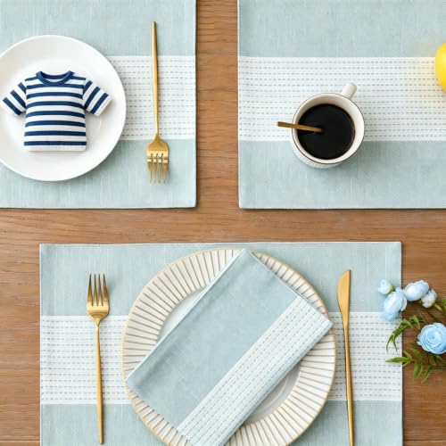 Wracra Linen Placemats Set of 6, Aqua Blue Place Mats for Kitchen Table | Macrame Placemats 12 x 18 Inch, Heat Resistant Table Mats, Premium Cotton Linen Woven Fabric, Delicate Splicing Designs - color: Aqua Blue, size: 12×18 Inch (Set of 6)