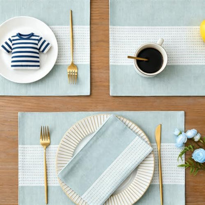 Wracra Linen Placemats Set of 6, Aqua Blue Place Mats for Kitchen Table | Macrame Placemats 12 x 18 Inch, Heat Resistant Table Mats, Premium Cotton Linen Woven Fabric, Delicate Splicing Designs - color: Aqua Blue, size: 12×18 Inch (Set of 6)