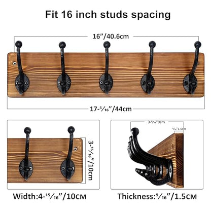 WEBI Rustic Coat Rack Wall Mount,5 Cast Iron Coat Hooks Wall Mounted,Heavy Duty Wall Coat Hanger Hooks for Hanging Coats,Clothes,Brown,2 Packs - color: Brown, size: 17 Inch(2 Packs)