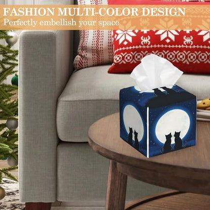 Tissue Box Cover,Black Cat at Night Sky Tissue Box Holder Waterproof Leather Facial Paper Organizer Dispenser for Bathroom Home Car Nightstand Vanity - color: Black Cat at Night Sky