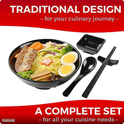 4 Noodle Bowls Set - large 32oz Ramen Bowl Set for authentic Asian Cuisine - with Dipping Bowls, Spoons, Chopsticks & Chopstick Stands. Enjoy Thai Miso Udon Wonton (4 Bowl Set, Black) - color: Black, size: 4 Bowl Set