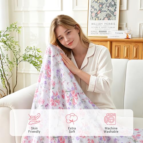 Viviland Cotton Muslin Reversible Fleece Blanket Lightweight Breathable Gauze Queen Size 90 x 90 Inches Pink Purple Flowers - color: Pink Purple Flowers, size: Queen Size (90 X 90 Inches)