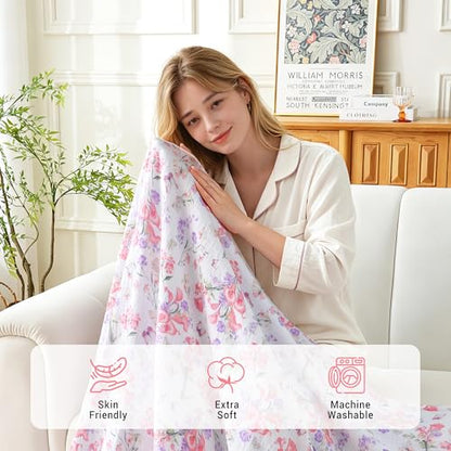Viviland Cotton Muslin Reversible Fleece Blanket Lightweight Breathable Gauze Queen Size 90 x 90 Inches Pink Purple Flowers - color: Pink Purple Flowers, size: Queen Size (90 X 90 Inches)