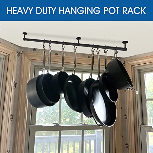 ROTHLEY Hanging Pot Rack Hanger: 39.4 Inch Stainless Steel Pot and Pan Hanger Pot Rack Wall Mounted Hanging Pots and Pans Rack Pot Hangers for Kitchen Utensil Rail with Hooks (Matt Black - color: Matte Black, size: 39.4 inch