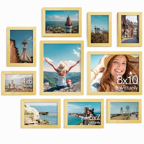 Vittanly 10 Pack Picture Frames Collage Wall Decor, Gold | Gallery Wall Frame Set: 2pcs 8x10, 4pcs 5x7 & 4pcs 4x6 Photos for Wall & Table, Picture Frames made of Engineered Wood - color: Gold