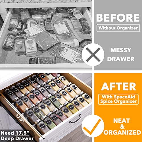 SpaceAid Spice Drawer Organizer with 36 Spice Jars, 386 Spice Labels, 4 Tier Seasoning Rack Tray Insert for Kitchen Drawers, 16.75" Wide x 17.5" Deep - size: 36 Jars, 16.75" Wide