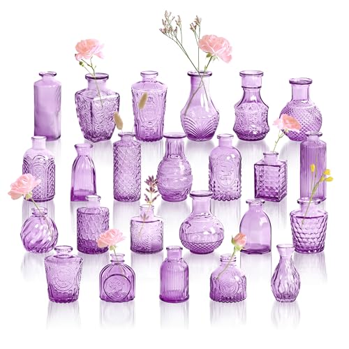 Violet Purple Glass Bud Vases in Bulk 24, Vintage Small Vases for Flowers, Table Centerpieces, Mini Flower Vase Bottle Decorative Vase Set for Wedding, Party, Baby Shower, Holiday, Home Decor - color: Purple, size: Set of 24 Vases