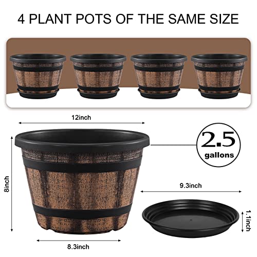 Quarut Plant Pots Set of 4 Pack 12 inch,Large Whiskey Barrel Planters with Drainage Holes & Saucer.Plastic Flower Pots Imitation Wine Barrel Design, for Indoor & Outdoor Garden Home Plants (Brown) - size: 12 inches