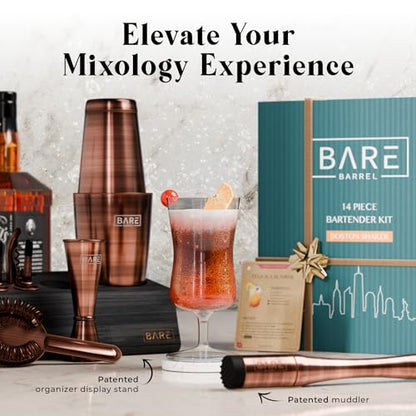 BARE BARREL® Mixology Bartender Kit Bar Set | 14-Piece Cocktail Shaker Set | Martini Barware Mixing Tools for Home Bartending | Incl. 35 Recipe Cards | Gift Set (28oz Boston Shaker, Copper/Black) - color: Copper/Black