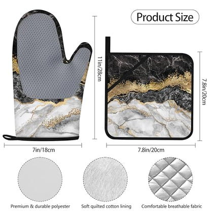 Black Gold Oven Mitts and Pot Holders Sets Marble Kitchen Accessories of 4 Heat Resistant Oven Gloves Hot Pads with Non-Slip Silicone Surface for Chef Cooking Baking - color: Black & Gold
