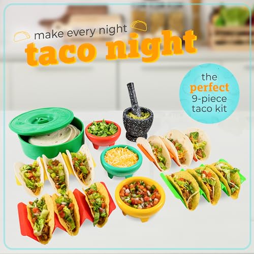 Taco Tuesday Complete Taco Serving Set with Tortilla Warmer, Salsa Bowls, Shell Holders, and Mortar and Pestle - 9-Piece Set - Red, Yellow, and Green - style: Taco Holder Set