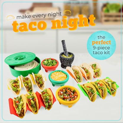Taco Tuesday Complete Taco Serving Set with Tortilla Warmer, Salsa Bowls, Shell Holders, and Mortar and Pestle - 9-Piece Set - Red, Yellow, and Green - style: Taco Holder Set
