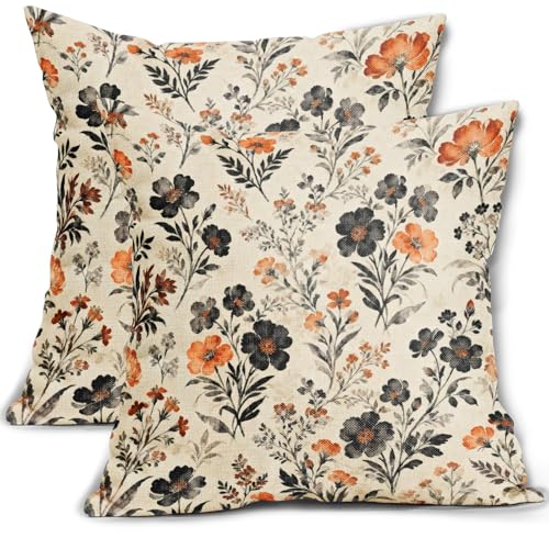 Black Orange Fall Floral Pillow Covers 16x16 Inch Set of 2 Vintage Flowers Print Autumn Halloween Decorative Throw Pillowcases Holiday Outdoor Cushion Cases Farmhouse Decor for Sofa Couch Bed - color: Black Orange, size: 16" x 16" (Pack of 2)