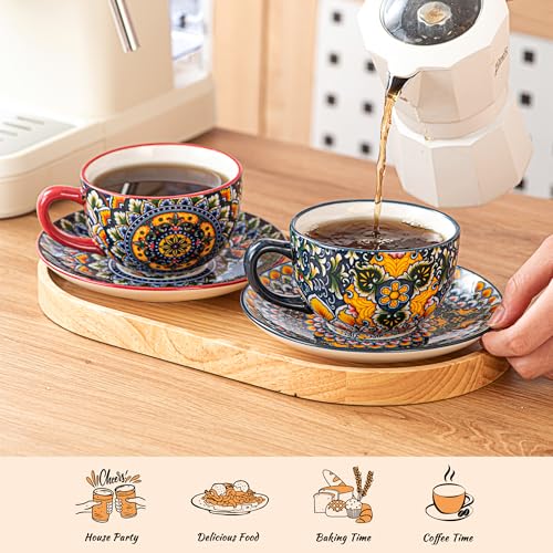 Henten Home Ceramic Tea Cup with Saucers, 8.5 oz Latte Cup Set of 6 | Boho Style Cup for Cappuccino, Coffee, Hot Cocoa, Espresso, Microwave & Dishwasher Safe, Non Toxic