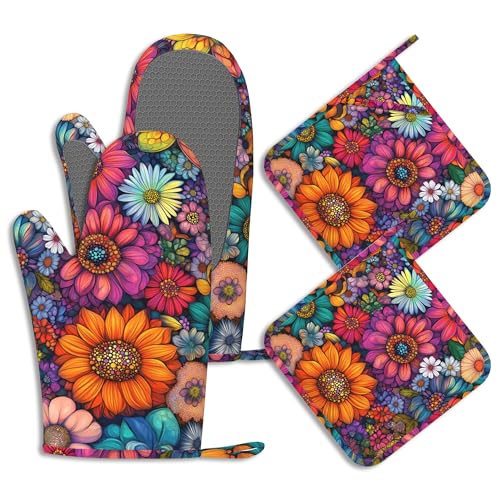 Colorful Floral Oven Mitts and Pot Holders Sets of 4 Boho Flowers Heat Resistant Silicone Oven Mits Gloves Non-Slip Kitchen Mittens Potholders for Cooking Baking Grilling BBQ - color: Colorful Floral,boho Flowers