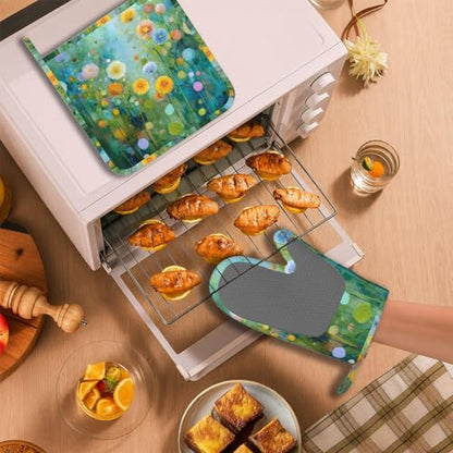 Abstract Oil Painting Flowers Oven Mitts and Pot Holders Sets Non-Slip Silicone Surface for BBQ Gloves,Kitchen,Cooking,Baking,Grilling - color: Abstract Oil Painting Flowers