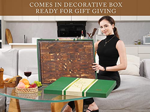 Acacia End Grain Wood Cutting Board 24x18x2 In Thick Butcher Block | Wooden Cutting Boards for Kitchen with Deep Juice Groove Thick End Grain Wooden Butcher Block Built-in Handle, Non-Slip Mat - size: 24"L x 18"W