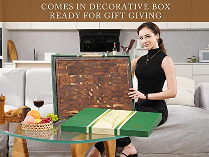 Acacia End Grain Wood Cutting Board 24x18x2 In Thick Butcher Block | Wooden Cutting Boards for Kitchen with Deep Juice Groove Thick End Grain Wooden Butcher Block Built-in Handle, Non-Slip Mat - size: 24"L x 18"W