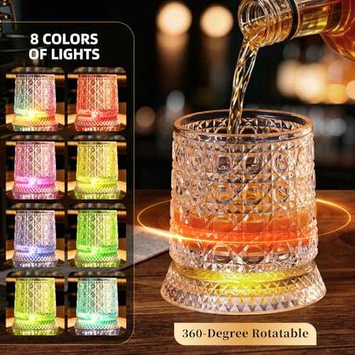 Luxury 360° Spinning Crystal Whiskey Glass Set Of 2, Rotating Old Fashioned Rocks Glasses & & 4 Color Lighting, Scotch & Bourbon, Cocktail Glasses for Bar, Party, Home, and Gift (Gemstone) - color: Gemstone