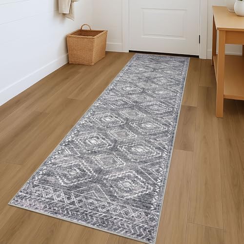 KILOCOCO Washable Runner Rug 2x7 ft Non-Slip Hallway Runners, Grey | Low-Pile Entryway Runners, Rubber Backed Runner Rug, Printed Kitchen Runner Rug, Soft Geometric Rugs for Hall Living Room - color: Grey, size: 2' x 7' (Runner)