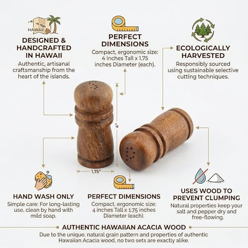 Handcrafted Hawaiian Acacia Wood Salt & Pepper Shaker Set – 4” Natural Wood Grinders, Anti-Clog Design, Sustainably Harvested, Kitchen Table Decor