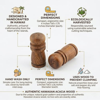 Handcrafted Hawaiian Acacia Wood Salt & Pepper Shaker Set – 4” Natural Wood Grinders, Anti-Clog Design, Sustainably Harvested, Kitchen Table Decor