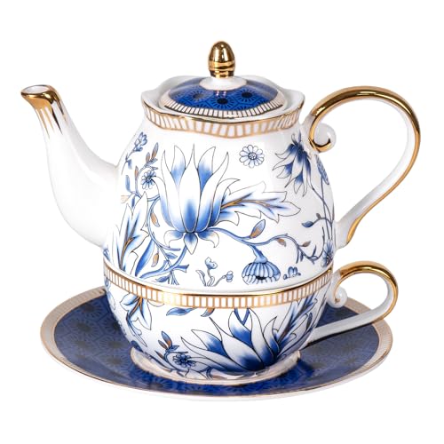 KAMMAK Tea for One Set, Ceramic Teapot, Bone China Tea Set, Cup and Saucer | Blue, Porcelain Stackable Tea Pot Set with Golden Trim for Coffee and Cappuccino, Ideal for Afternoon Tea and Gifts, Gh07 - color: Blue-GH7