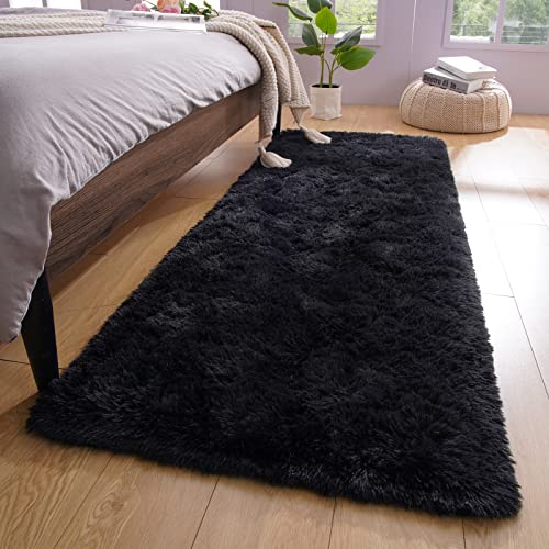 YJ.GWL Fluffy Runner Rug for Bedroom Living Room Soft Shag Rugs 2x6 Feet, Black Plush Carpet Non Slip for Nursery Dorm, Fuzzy Bedside Rug for Kids Boys Girls Room Home Decor - color: Black, size: 2' x 6' (Rectangular)