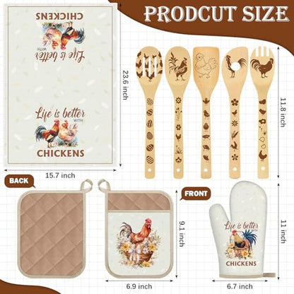Funnymoom 10 Pcs Chicken Kitchen Gift Set for Women Include Apron Oven Mitts Pot Holder Dish Towel Cooking Utensil Kit - style: Chicken
