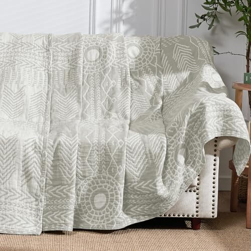 jinchan 100% Cotton Muslin Blanket Twin Boho Throw Blanket 50x60 Light Gray | 3-Layer, Tribal Geometric Quilt, Cooling Breathable Lightweight, for Adult, Soft, Reversible, Summer, Couch, Sofa, Bedroom - color: A. Boho Light Grey, size: 50"x60"