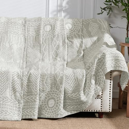 jinchan 100% Cotton Muslin Blanket Twin Boho Throw Blanket 50x60 Light Gray | 3-Layer, Tribal Geometric Quilt, Cooling Breathable Lightweight, for Adult, Soft, Reversible, Summer, Couch, Sofa, Bedroom - color: A. Boho Light Grey, size: 50"x60"