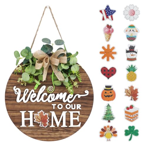 Interchange Welcome Sign Front Door Wreaths for Spring Fall Summer Winter | Rustic Wood Wreaths for Wall Home House Warming gifts Outdoor Farmhouse Porch All Seasons Holiday Halloween Christmas