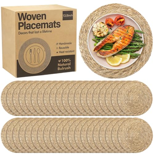 Elcoho 40 Pieces Round Woven Placemats 13.8 Inch Boho Rattan Placemats Farmhouse Braided Place Mats Woven Plate Chargers Rustic Wicker Table Mats for Dining Table - size: 13.8 Inch