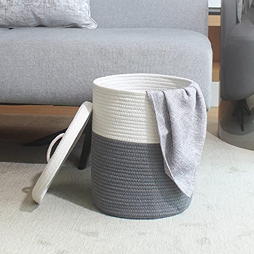 Yimi's Dream Storage Basket with Lid, Small Round Lidded Cotton Rope Bins | Small Woven Hamper for Laundry, Toys, Nursery, Entryway, Blankets, and Home Organization(White & Grey, 11.5D x 13.5H Inch) - color: 1 PACK-Grey&White-LIDDED