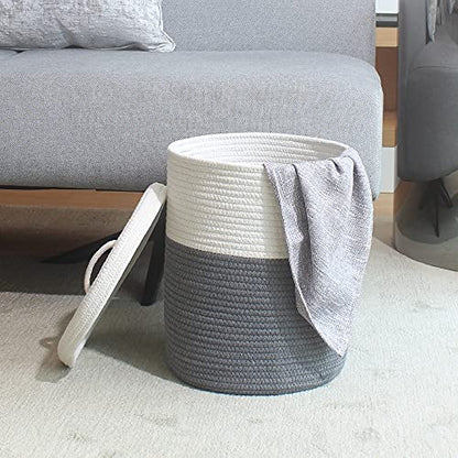 Yimi's Dream Storage Basket with Lid, Small Round Lidded Cotton Rope Bins | Small Woven Hamper for Laundry, Toys, Nursery, Entryway, Blankets, and Home Organization(White & Grey, 11.5D x 13.5H Inch) - color: 1 PACK-Grey&White-LIDDED