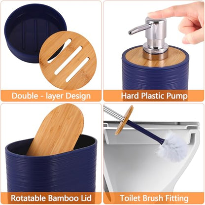 10 PCS Navyblue Bathroom Accessories Set with Trash Can Bathroom Accessory | All-in-One Kit with Trash Can,Toothbrush Holder,Soap Dispenser,Toothbrush Cup,Vanity Tray,Soap Dish,Toilet Brush etc for Home - color: Navy Blue
