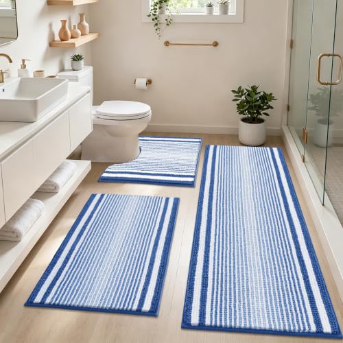 HEBE Chenille Bathroom Rugs Sets 3 Piece, Non Slip Washable Bath Mats Set | Absorbent Bathroom Mat Set, Soft Bath Rugs, Ultra Plush Bath Mat and U-Shaped Contour Toilet Rug Set for Tub Shower, Blue - color: Blue