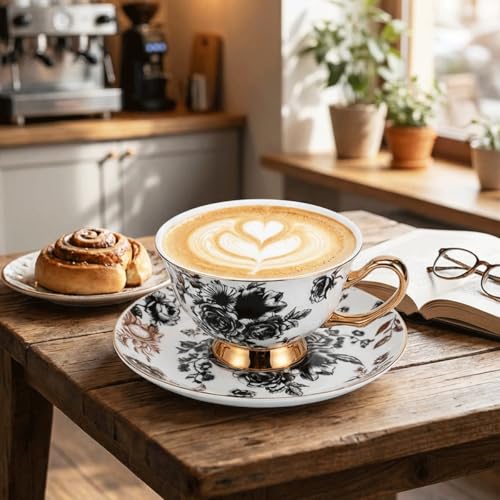 Bone China Tea Cup and Saucer Set with Spoon，Elegant Floral Tea Cup Set (7 oz)，British Coffee Latte Mug for Birthday Party Christmas gift for Friends - color: flower-B05