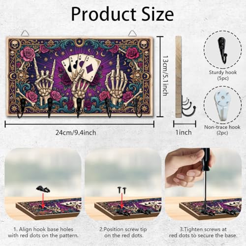 Gothic Style Skull Hand Key Holder Divination Key Hooks Organizer Hanger Playing Cards Wall Mounted Wooden Key Rack with 5 Key Hooks for Home Entryway Front Door Kitchen Hallway Bedroom - color: Skull hand